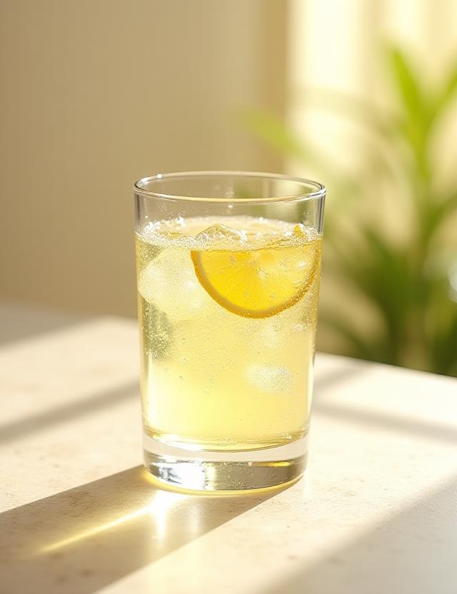 A crystal clear glass of water with a fresh lemon slice on a minimalist stone surface