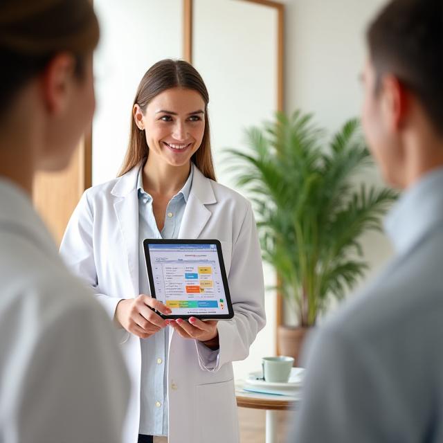 Professional nutritional consultant discussing a digital report with a client